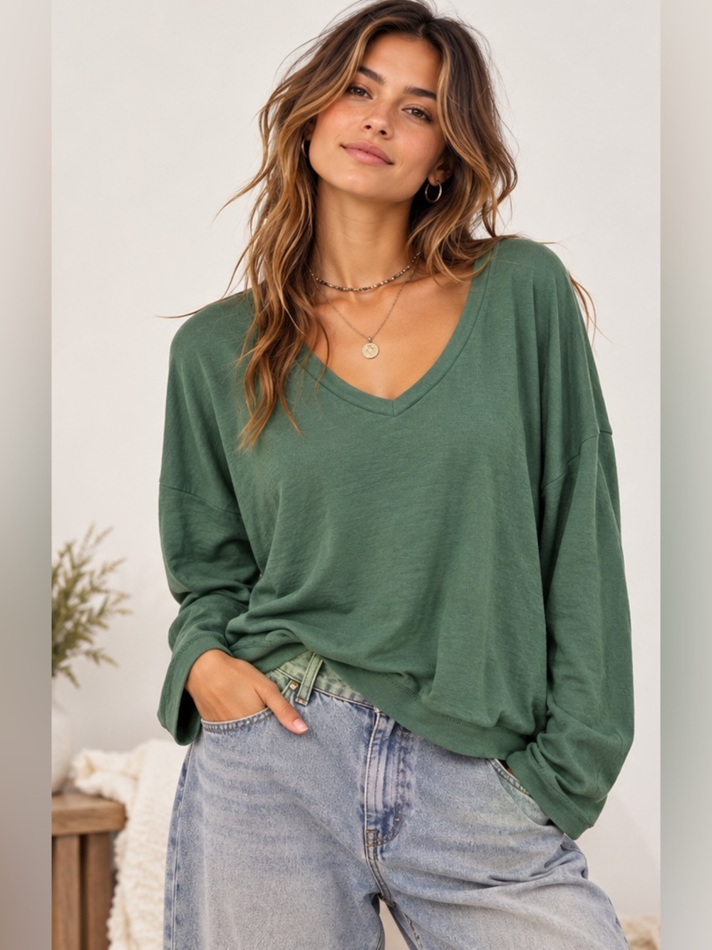 Anthropologie Olive Green Boho Lagenlook Textured V-Neck Relaxed Tee Size XS